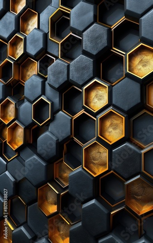 Geometric 3d background hexagons shapes black & gold color tone © Yuan