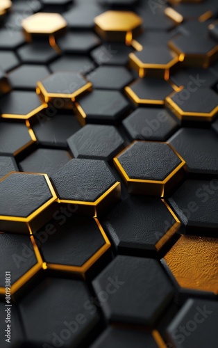 Geometric 3d background hexagons shapes black & gold color tone © Yuan