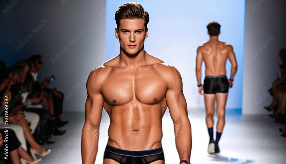 Fototapeta premium Confident caucasian male model showcasing swimwear on the runway during a fashion week event, with audience in background, suitable for lifestyle and fashion themes
