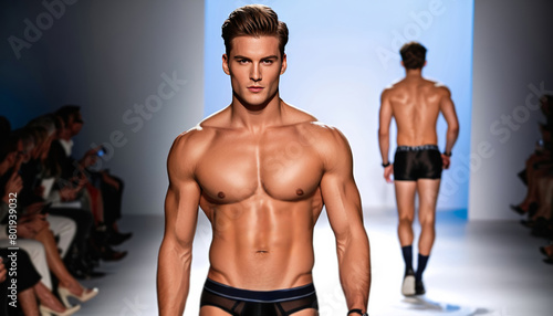 Confident caucasian male model showcasing swimwear on the runway during a fashion week event, with audience in background, suitable for lifestyle and fashion themes