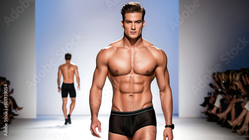 Muscled male model strutting on fashion runway in black underwear  showcasing fitness and fashion concepts  related to health awareness and Fashion Week events