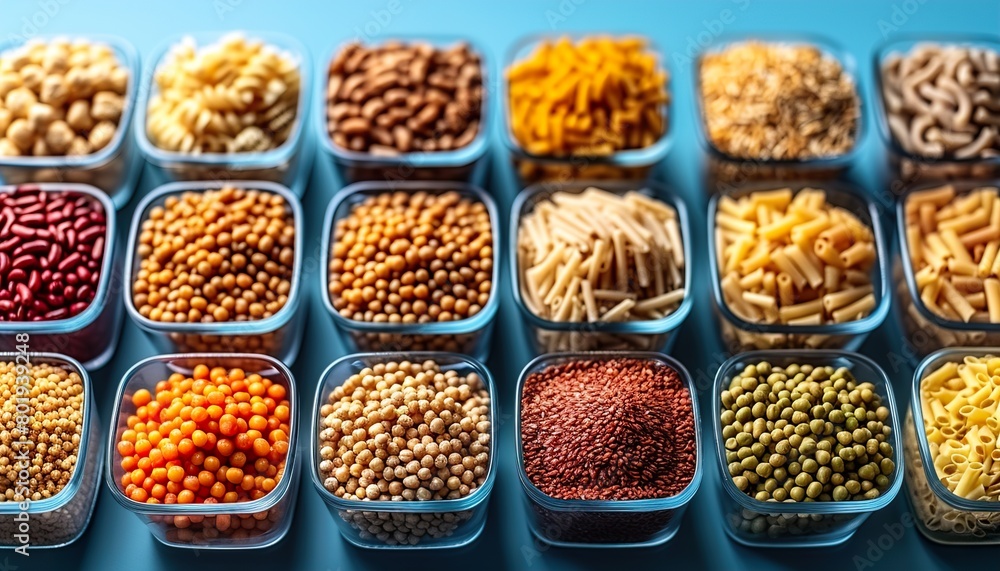 eating, charity and donation concept - close up of different packed food on blue background eating, charity and donation concept - close up of different packed food on blue background