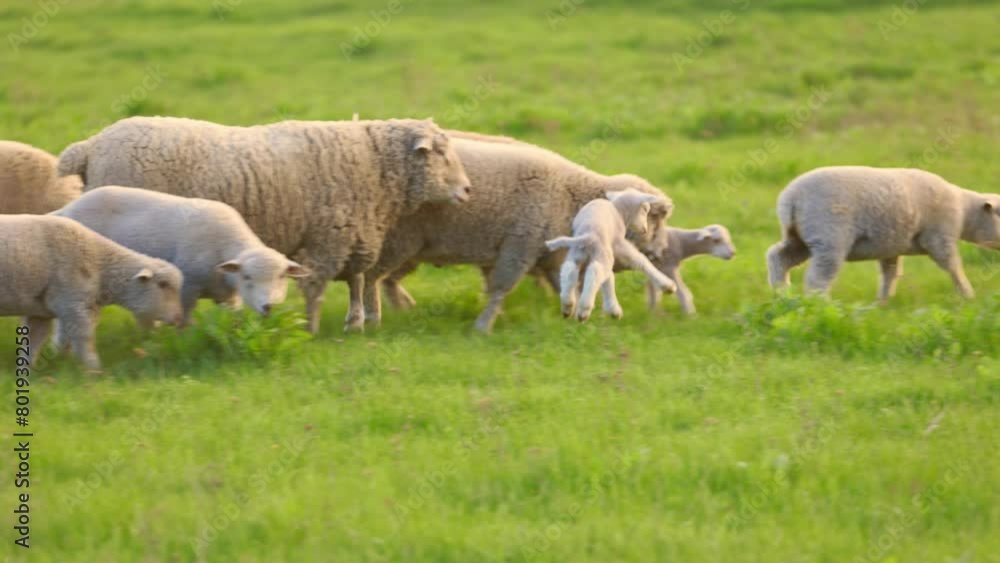 Sheep Graze in Meadow with Green Grass. Livestock on Farm in Countryside Sheep Graze in Meadow with Green Grass. Livestock on Farm in Countryside