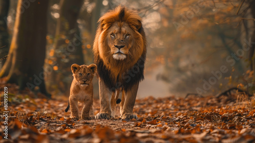 Portrait of a lion and his cub standing in a misty forest under the morning sun