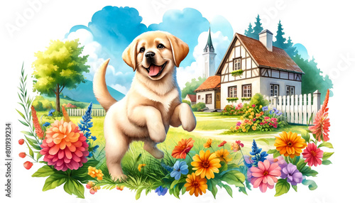 Cheerful golden retriever puppy frolicking among vibrant spring flowers with a quaint countryside cottage backdrop, ideal for pet care and springtime themes