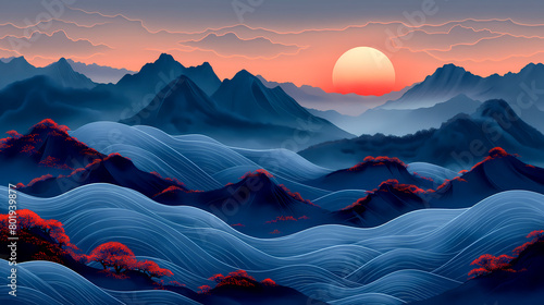 Mountain landscape with red sun at sunset. Digital art illustration. #801939877