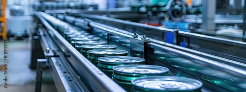 Conveyor belt in a seafood processing plant with cans moving through