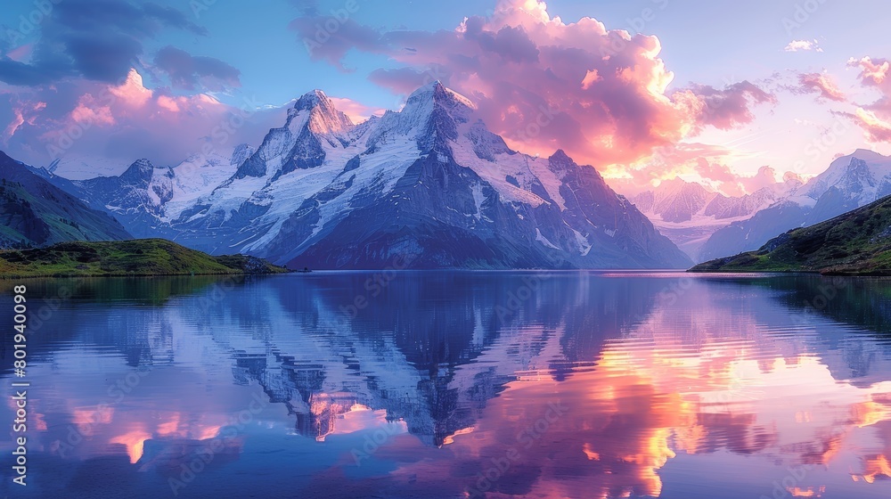Summer sunrise showing vivid sky colors reflecting on Bachalpsee Lake with snow-capped mountains in the backdrop.