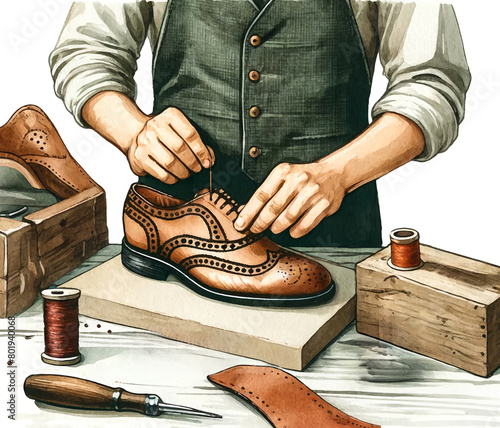 Craftsperson hand-stitching a brown leather wingtip shoe on a workbench with tools, related to craftsmanship and Small Business Saturday photo