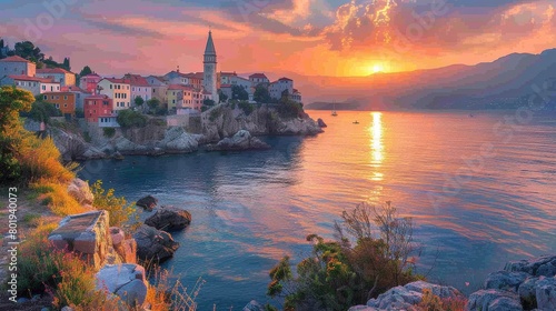 Vrbnik town during sunset, showcasing the vibrant sky, glowing sea, and historic architecture along the coastline.