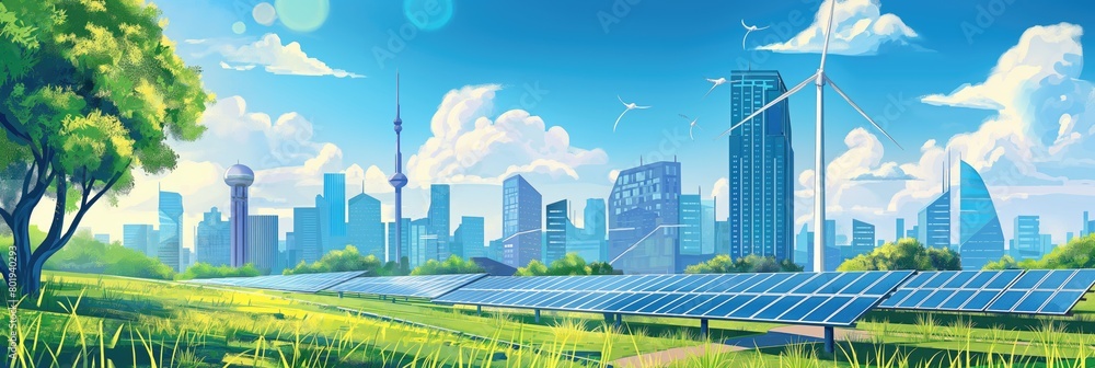 Green sustainable energy sources illustration like wind turbines and solar photovoltaic panels in field with blue sky cityscape background Generative AI