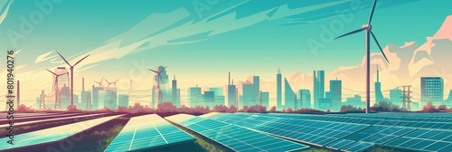 Green sustainable energy sources illustration like wind turbines and solar photovoltaic panels in field with blue sky cityscape background Generative AI