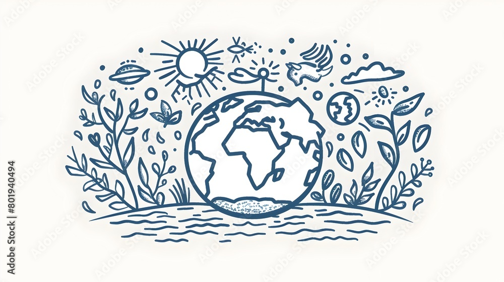 Hand-drawn of a global environmental balance with nature elements description:This hand-drawn line Hand-drawn of a global environmental balance with nature elements description:This hand-drawn line