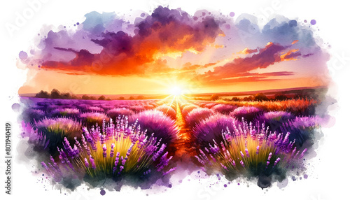 Vibrant watercolor illustration of a sunset over a lavender field  ideal for summer solstice  nature themes  and relaxation concepts