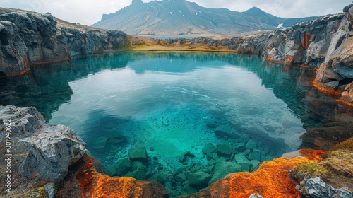 Beauty of Krafla's crater lake in Iceland with crystal clear turquoise waters, surrounded by rugged lava rock formations and rich, colorful moss under a cloudy sky. photo