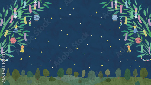 七夕の水彩画風イラスト背景　星空と笹と七夕飾りの風景