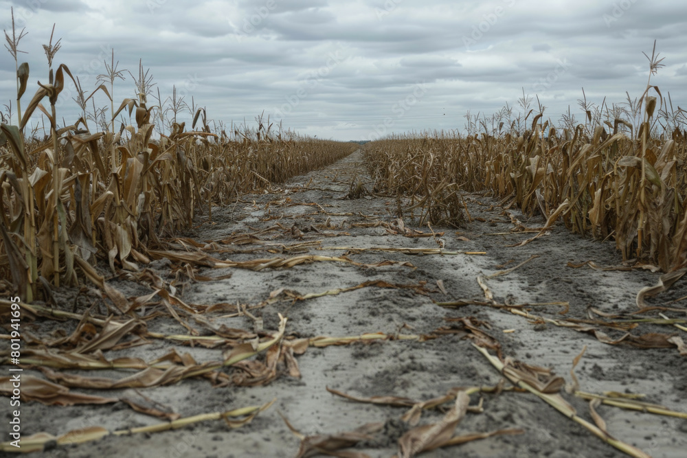 A dry and withered cornfield due to drought.
A dry and withered cornfield due to drought.