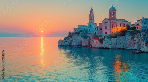 Striking image captures a tranquil sunset over Vieste, Italy, showcasing glowing waterfront buildings and serene sea. photo