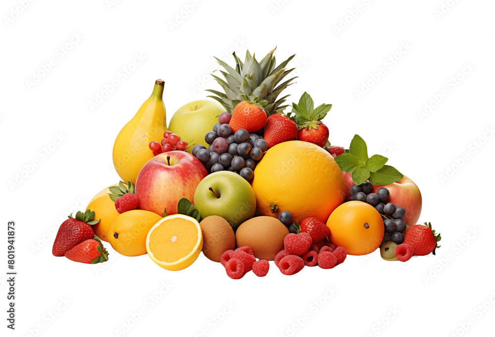 An assortment of fresh fruits, including berries, citrus, and grapes, arranged neatly against a transparent background. Generative AI