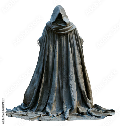 Enigmatic dark cloaked figure with ancient aura, cut out - stock png.