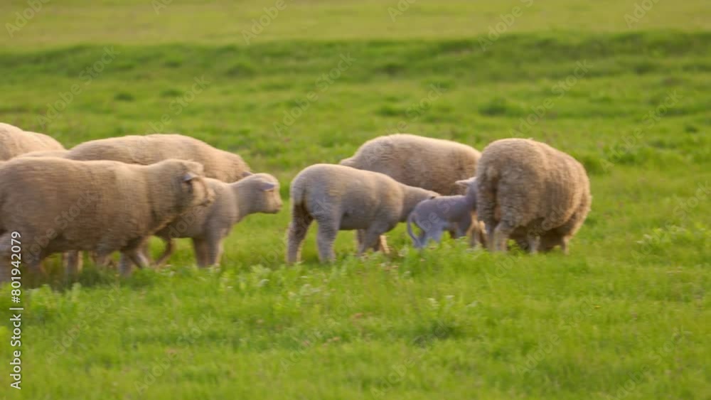 Sheep Graze in Meadow with Green Grass. Livestock on Farm in Countryside Sheep Graze in Meadow with Green Grass. Livestock on Farm in Countryside