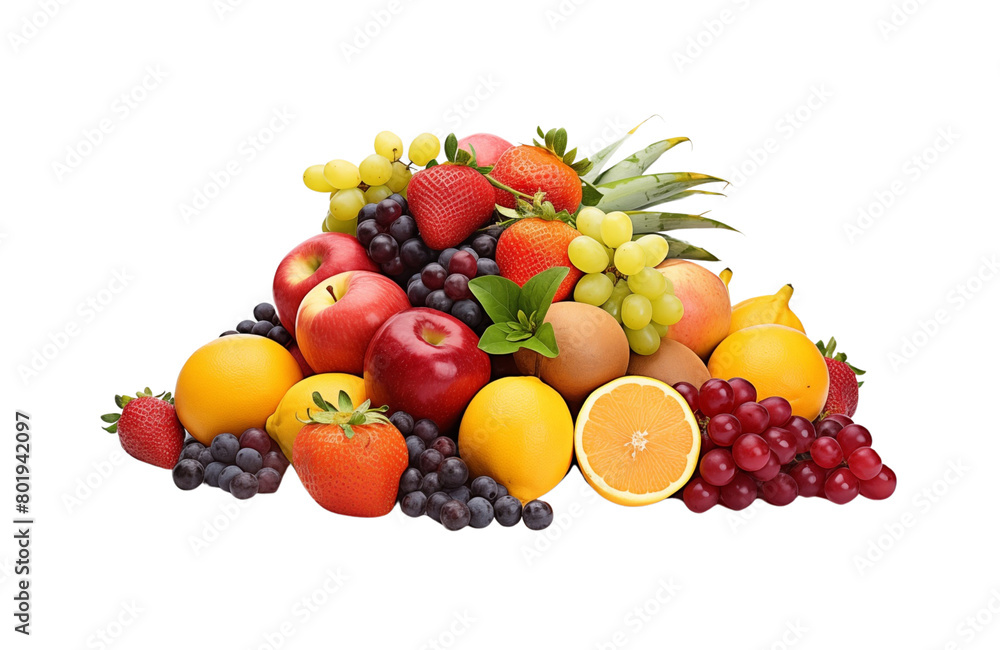 An assortment of fresh fruits, including berries, citrus, and grapes, arranged neatly against a transparent background. Generative AI An assortment of fresh fruits, including berries, citrus, and grapes, arranged neatly against a transparent background. Generative AI