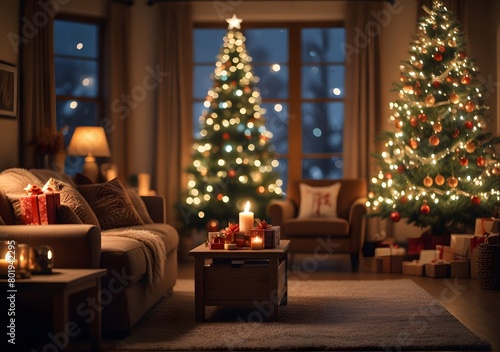 A decorated Christmas tree with candles stands in a cozy living room © Natti