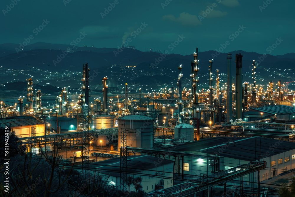 Obraz premium A nighttime view of illuminated pipelines at an oil refinery.