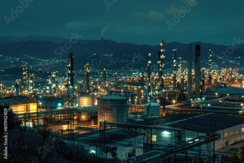 A nighttime view of illuminated pipelines at an oil refinery.  