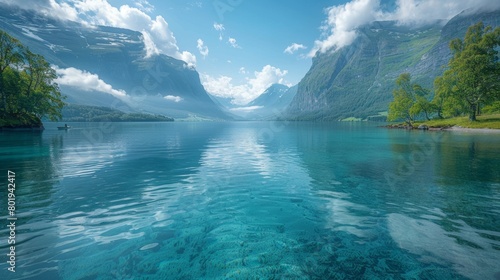 Lovatnet Lake surrounded by lush trees and dramatic cliffs under a sunny sky.