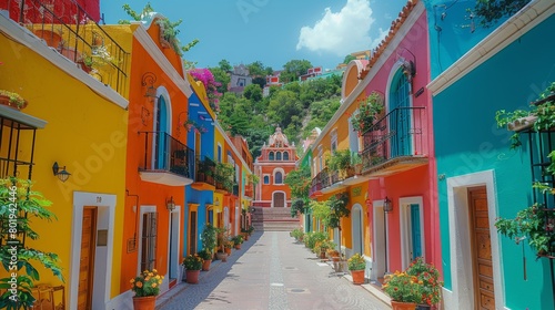 Explore this enchanting view of a narrow, stepped street lined with brightly colored houses and flowering plants. An epitome of charm and vibrancy in an old town setting. photo
