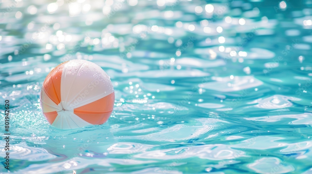 Colorful beach ball floating on clear blue water in a pool.