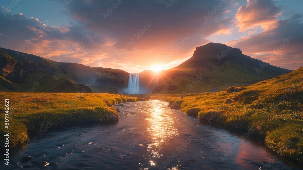 Experience the breathtaking sunrise at Seljalandsfoss Waterfall in Iceland, featuring vibrant green fields and serene flowing water under a colorful sky.