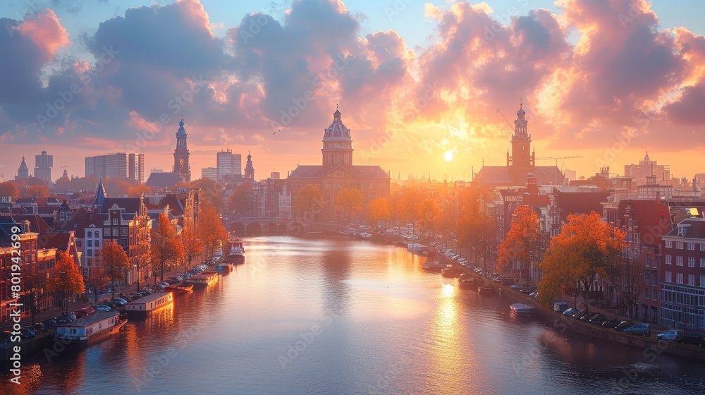 Amsterdam during autumn with a scenic sunrise illuminating the cityscape and vibrant fall trees along the historic canals.