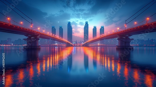 Vista capturing a modern bridge and skyscrapers at dusk, reflecting their lights in the tranquil waters below, creating a serene yet vibrant cityscape.