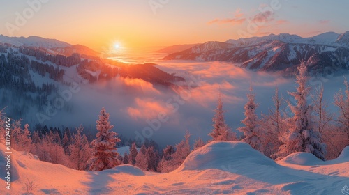 Panoramic view of a foggy winter landscape at sunrise. The scene captures snow-covered trees and mountains bathed in warm sunlight.