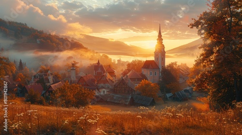 Breathtaking view of a peaceful European village during a misty autumn sunrise, showcasing historic architecture and vibrant foliage. © AS Photo Family