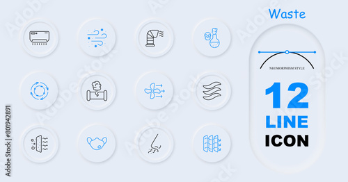 Waste set icon. Air conditioner, air freshener, harmful fumes, air, wind, dust, air filtration, blower pipe, fan, broken pipe, gas, skull, poison, mask, circulation, neomorphism. Atmosphere concept.