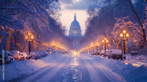 Winter evening on Pennsylvania Avenue in Washington, D.C., featuring snow-laden trees and the glowing US Capitol in the distance after a heavy snowfall. photo