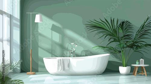 White bathtub houseplant and floor lamp near green wa photo