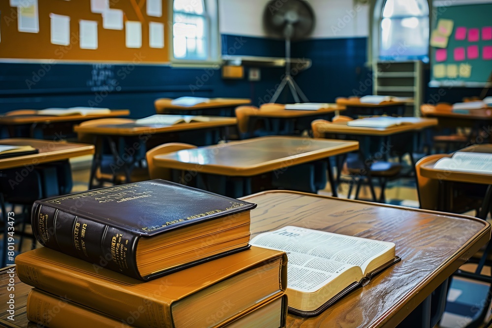 Retro school desk with an old Bible, inkwell, and feather pen, blending learning and faith, Futuristic , Cyberpunk Retro school desk with an old Bible, inkwell, and feather pen, blending learning and faith, Futuristic , Cyberpunk