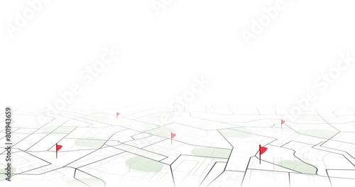Navigation concept with pin pointers. Location pin on perspective city map. Vector illustration on white background