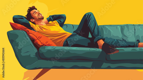 Handsome young happy man resting on sofa against yell © Hassan
