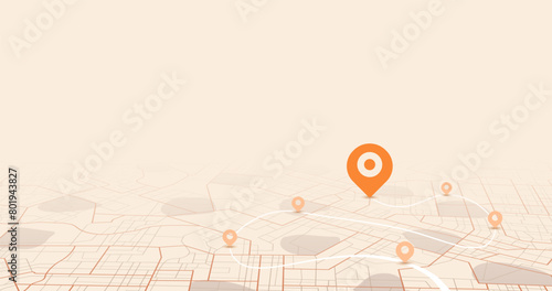 City map featuring directional signs, an intended goal point and multiple markers. An abstract navigation plan highlights POI including city streets, blocks. Vector illustration