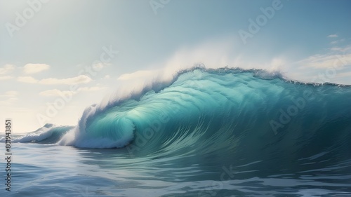 An isolated ocean wave against a clear backdrop.