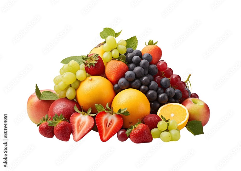 An assortment of fresh fruits, including berries, citrus, and grapes, arranged neatly against a transparent background. Generative AI An assortment of fresh fruits, including berries, citrus, and grapes, arranged neatly against a transparent background. Generative AI