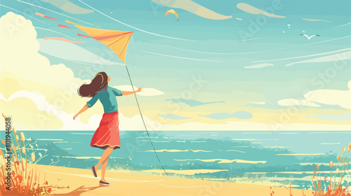 Beautiful young woman flying kite near sea Vector illustration