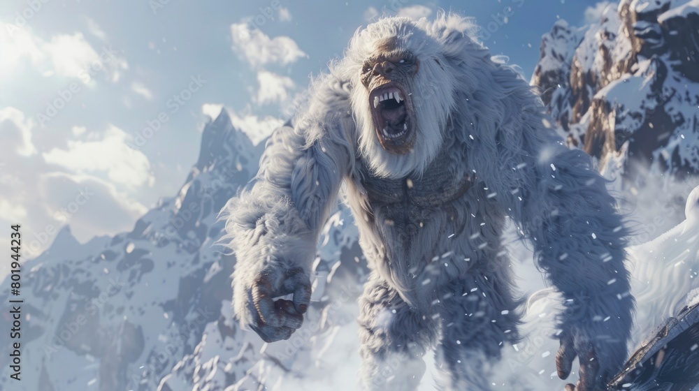 Fierce mythical snow beast yeti roaring in a snowy mountain landscape Fierce mythical snow beast yeti roaring in a snowy mountain landscape