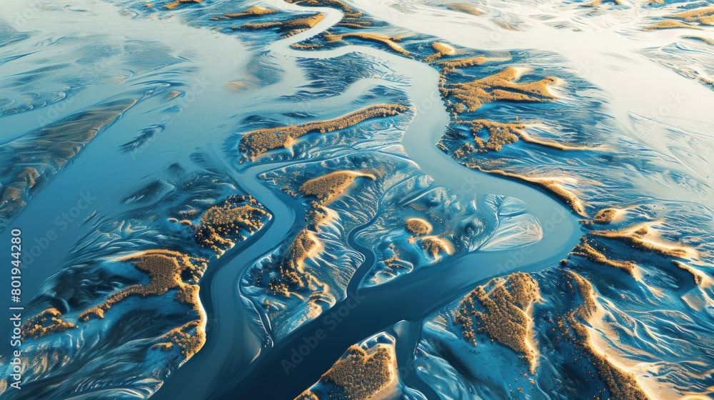 A river delta with intricate water channels. Copy Space.