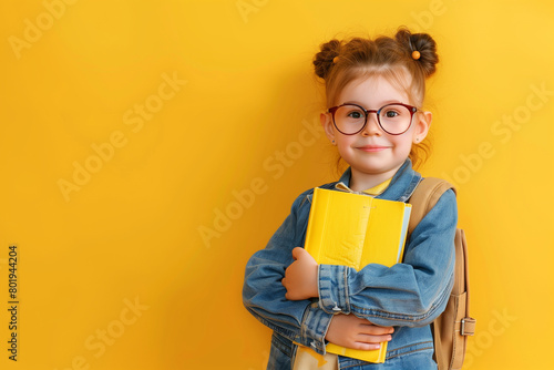 
Portrait of a cute little kid girl on a yellow background. Child schoolgirl looking at the camera, holding a book and straightens glasses photo